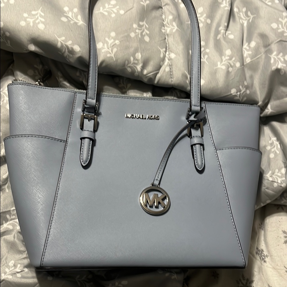 Michael Kors Charlotte Blue Tote Bag With Textured Leather And Silver Accents